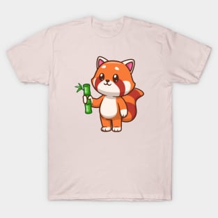 Cute Red Panda Holding Bamboo Cartoon T-Shirt